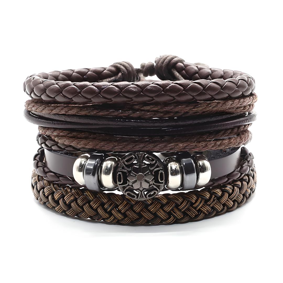 Brown Ethnic Bracelet - Braided Leather, Wood and Pearl Cord | Free Vibes